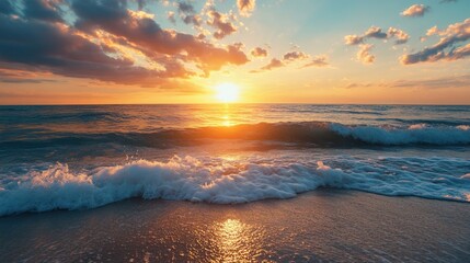 Sun setting over the ocean horizon, silhouetting the waves and reflecting off the beach shoreline.