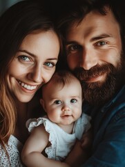 Smiling family of three, man, woman and child posing together.