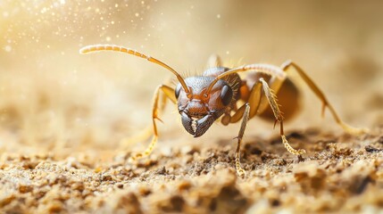 Fototapeta premium A close-up of an ant, showcasing its intricate features and textures, set against a blurred earth-toned background.