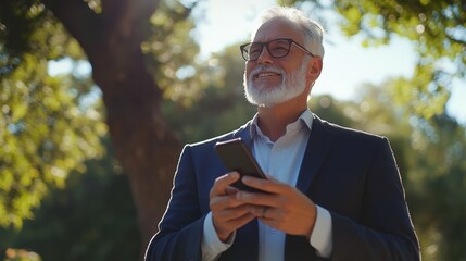 Fototapeta premium Man with glasses, beard and mustache looking at cellphone while standing in park or garden
