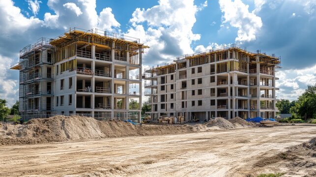 Two multi-story residential buildings under construction are surrounded by dirt and debris. Scaffolding is present, showing active work on the structures against a backdrop of partly cloudy skies
