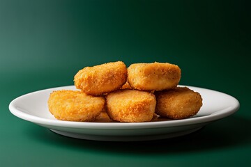 Side view of six chicken nuggets on a white plate against a dark green background. Minimalist, contemporary food presentation with harsh shadows. A tasty, modern style appetizer. Horizontal photo