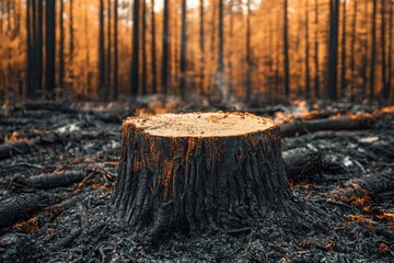 Obraz premium A tree stump stands in a burnt landscape, surrounded by charred remains of the forest, evoking themes of destruction and environmental change.