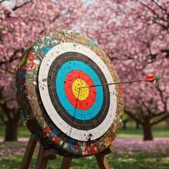 Archery Target with peeling paint and a blurred cherry , Sakura forest background, Archery, target, arrow, colorful, forest background, peeling paint, motion, precision, sports equipment, focus, 