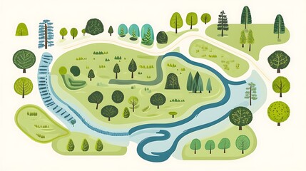 Park map trees with river, and landscape.