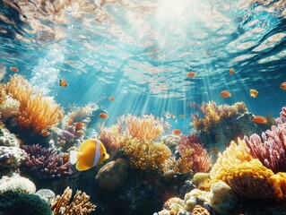 Diver swimming through lush coral reef filled with colorful fish.