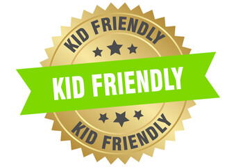 kid friendly. kid friendly round green and gold label isolated on transparent background