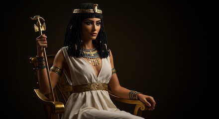 Fototapeta premium Regal woman seated throne dramatic lighting ancient Egyptian attire. AI Generated