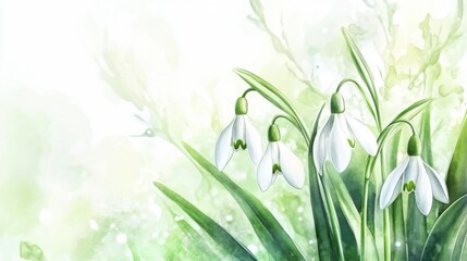 Fototapeta premium Delicate snowdrops bloom with white petals against a soft green background, embodying the gentle beauty of early spring.
