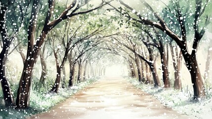 Fototapeta premium A serene winter scene featuring a snow-covered pathway framed by trees, creating a picturesque and tranquil atmosphere.