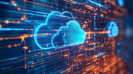 Fototapeta premium Cloud Data Network: A luminous cloud icon floats amidst a dynamic, electric network of interconnected data pathways, symbolizing the power and reach of cloud computing.