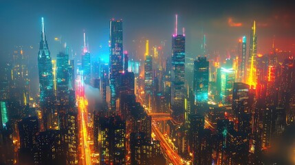 Fototapeta premium Motion blur city featuring futuristic technology and digital panorama concept. Vibrant city skyline at night with illuminated skyscrapers.