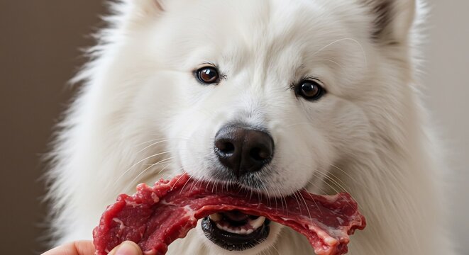 Fluffy white dog gently holds raw meat warm lighting creates a calm mood. AI Generated