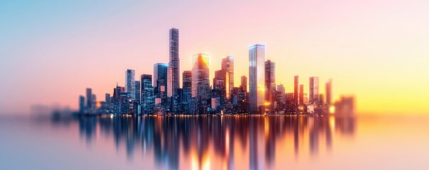 Obraz premium Motion blur city in cyberspace with futuristic skyline panorama concept. Stunning city skyline with vibrant sunset reflection on water.