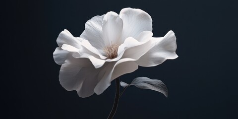 Single bloom with five petals, deep-colored center surrounded by lighter petals, green stem in water. Macro photography focuses on the flower's intricate details.