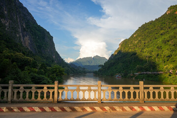 Bridge and Mountain Valley at Sunset, Jungle in the Distance - Nong Khiaw, Laos