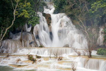 Blurred Waterfall in Tropical Jungle - Kuang Si Waterfall, Laos 