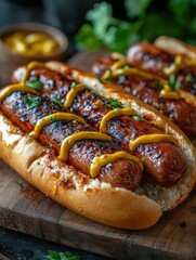 Appetizing grilled hot dogs with mustard and parsley on rustic wooden board culinary delight
