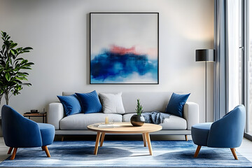 Modern living room with blue accents and abstract painting in a stylish and inviting interior design 