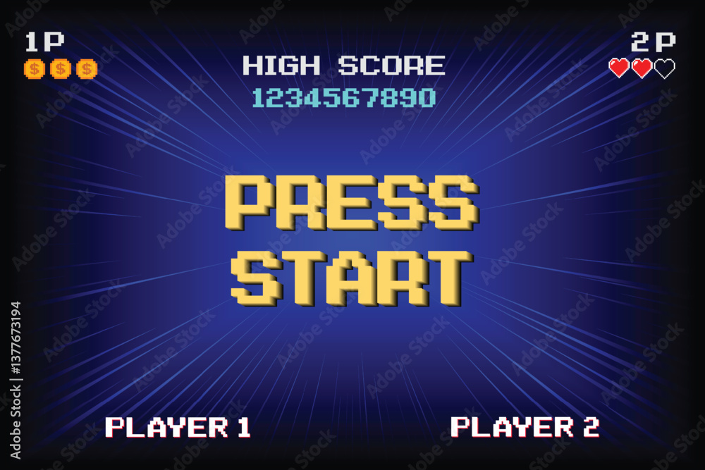 Wall mural press start. insert a coin to continue. pixel art .8 bit game. retro game. for game assets .retro fu
