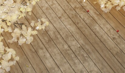 Wooden floor, background with branches, natural backdrop, 3D illustration