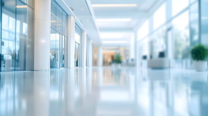 Blurred hotel or office building lobby blur background interior view toward reception hall modern luxury white room space with blurry corridor and building glass wall window