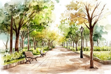 Obraz premium A serene park pathway lined with vibrant trees and benches, illuminated by soft sunlight, evoking a peaceful, natural atmosphere.
