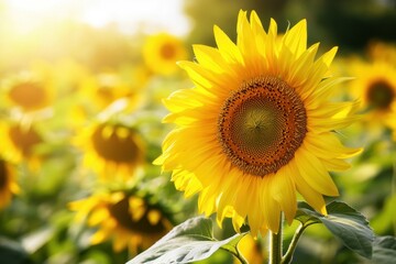 Obraz premium Bright yellow sunflowers in a field with dew droplets on leaves and stems, golden hour lighting.