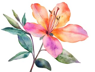 Vibrant Floral Watercolor: A detailed watercolor painting of a radiant, multi-hued lily, captured in exquisite detail against a backdrop of delicate green foliage.