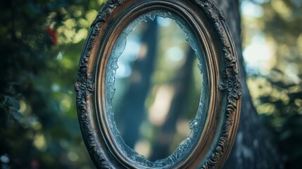 Obraz premium Broken vintage mirror with ornate frame in forest setting