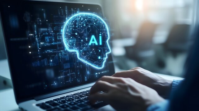 Decoding Digital Intelligence: A close-up shot of a person intently working on a laptop, where the screen displays a stunning illuminated AI brain design, symbolizing the future of technology.