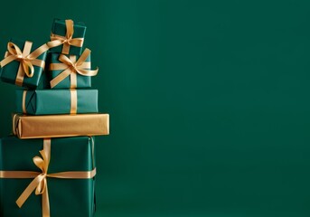 Stacked green and gold wrapped gift boxes with satin bows on green background