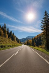 Fototapeta premium AI-generated Hyper-Realistic Photograph of a Scenic Asphalt Road Through a Forested Mountain Landscape in Autumn with Clear Blue Sky