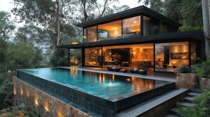 Modern house with infinity pool in forest