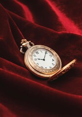 Vintage gold pocket watch on luxurious red velvet fabric surface