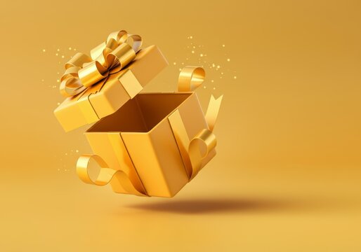 Floating opened golden gift box with ribbon on yellow background