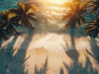 Relaxing tropical beach scene at sunset with palm trees and calm waters.