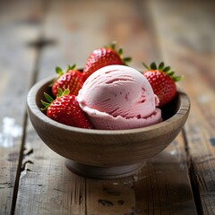 Scoop of strawberry icecream in a bowl  on wooden background