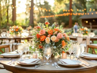 Fototapeta premium Elegant outdoor wedding reception table setting with floral centerpiece and soft lighting for a romantic ambiance
