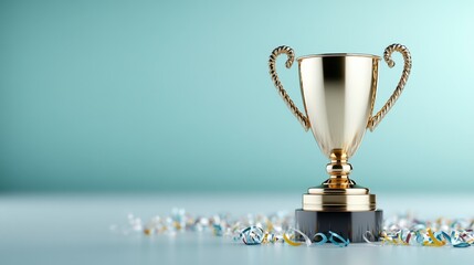 Gold trophy on a black base sits on a light blue surface with colorful confetti. The background is a muted teal.