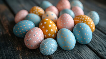 Fototapeta premium Colorful Easter Eggs with Polka Dots and Floral Patterns on Wood
