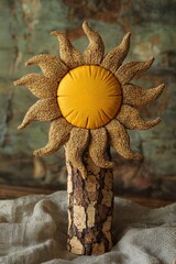 Beautiful sun-shaped brooch made from dyed hemp displayed on cork bark