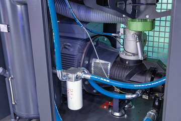 Powerful industrial air compressor showing internal components