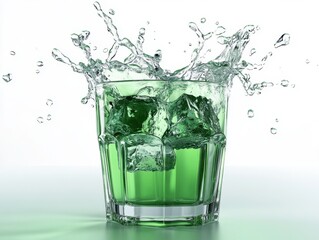 Refreshing green beverage with ice cubes creating a dynamic splash in a clear glass on a bright white background