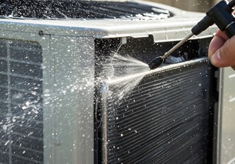 Cleaning Air Conditioner Unit Bright Sunlight. AI Generated