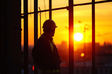 Fototapeta premium Construction Site, Worker, Workers, Background. Background of construction workers with a sunrise or sunset. Each worker is doing his job at the work site.