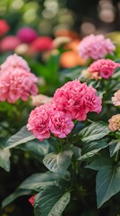 Delicate Pink Carnation Blossoms with Lush Green Leaves in Natural Light