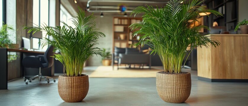 Two vibrant areca palm plants in woven pots adorn a modern office space with natural light and a calming atmosphere creating a serene and productive work environment