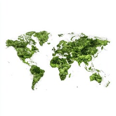 Green world map composed of small particles on white background. Global ecology concept image.