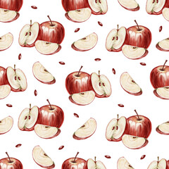 Seamless pattern with red apples and grains on a white background. Delicate and elegant. Perfect for cards, posters, gift wrapping and spring designs.